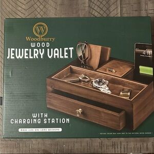 Woodburry Wood Jewelry Valet with Built-in Charging Station New In Box
